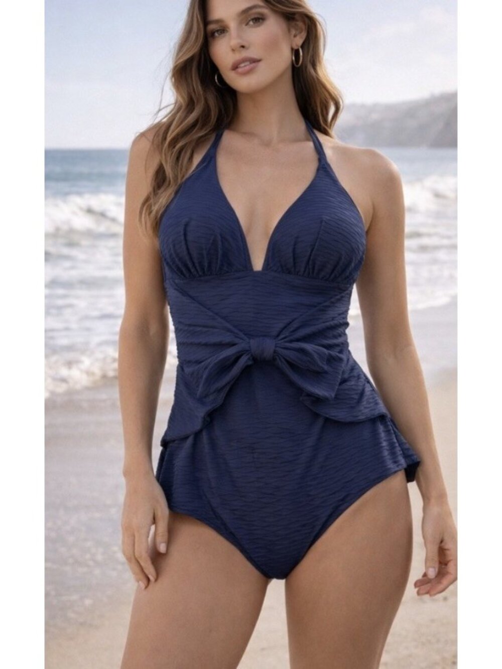 NWT Shoshanna Navy Blue One-Piece Swimsuit Size 8 Slimming Tie Waist Halter Neck